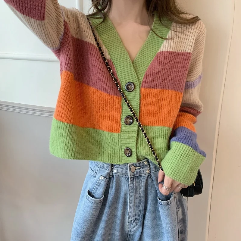 

Striped Knit Sweater Cardigan Women Single-breasted V-neck Jacket Coat Autumn Winter Long Sleeve Loose Stylish Tops 2023