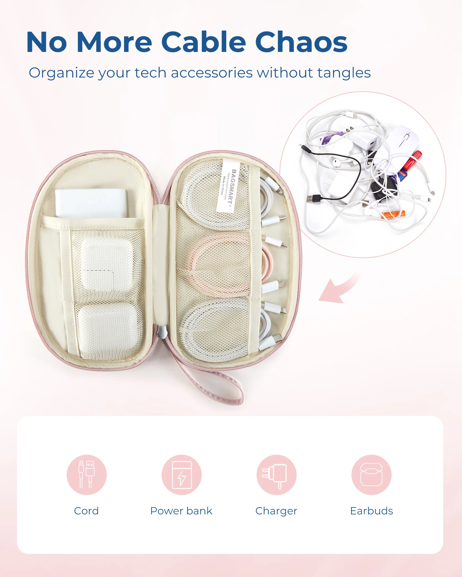 BAGSMART Travel Cable Bag Compact Tech Electronic Organizer Travel Case Essentials for Charger Cable Phone Flash Drive