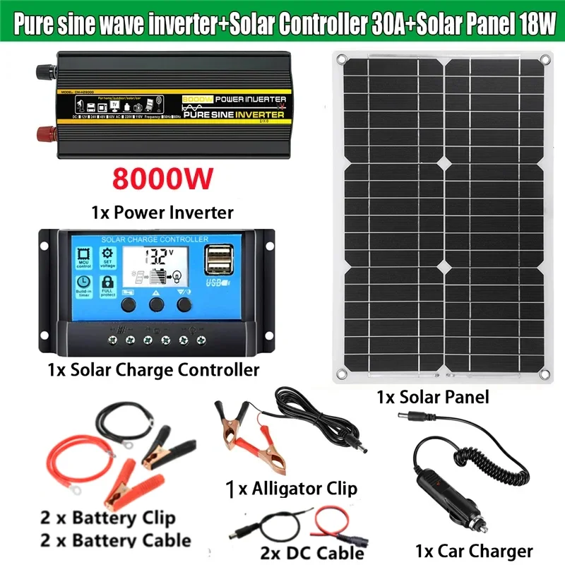 4000W/6000W/8000W Solar Panel System 18V18W Solar Panel 30A Charge Controller  Car Solar Inverter Kit Complete Power Generation