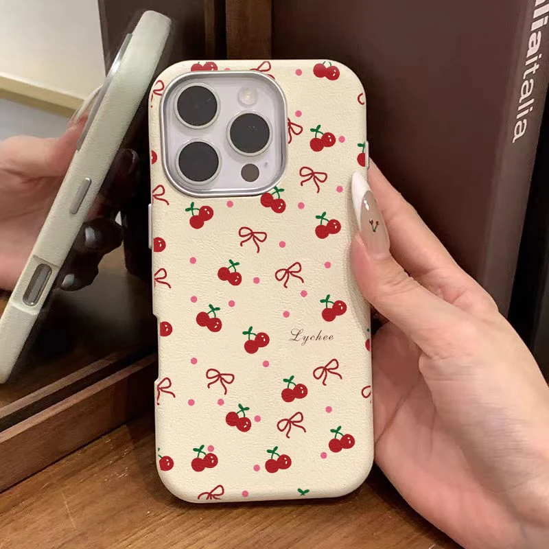 

Trendy Red Cherry Bowknot Dots Case Compatible for IPhone 16 13 15 11 12 14 Pro Max XR 15 16 Plus X XS Max Leather Texture Case
