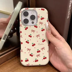 Trendy Red Cherry Bowknot Dots Case Compatible for IPhone 16 13 15 11 12 14 Pro Max XR 15 16 Plus X XS Max Leather Texture Case