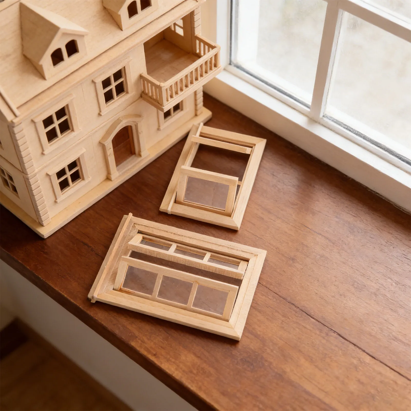 2Pcs Miniature Wooden Window Frames Unfinished for Painting 1:12 Scale Farmhouse Style Mini Casement Windows Dollhouse Interior