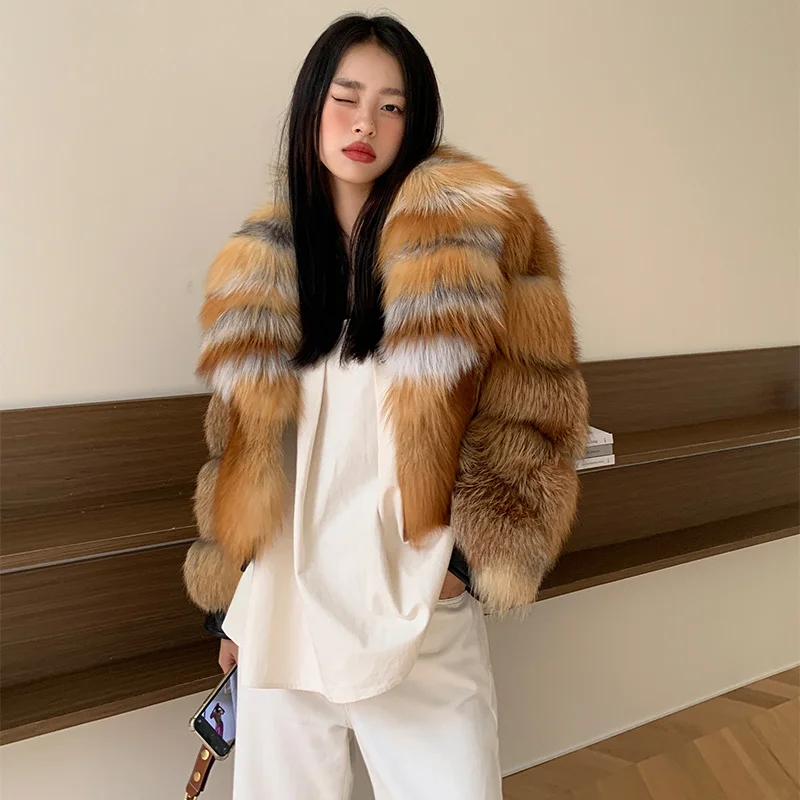 Fur Coat Women's 2023 Fox Autumn and Winter Ultrashort High Quality Import 100% Red Fox Fur lapel Sheepskin Stitching Jacket