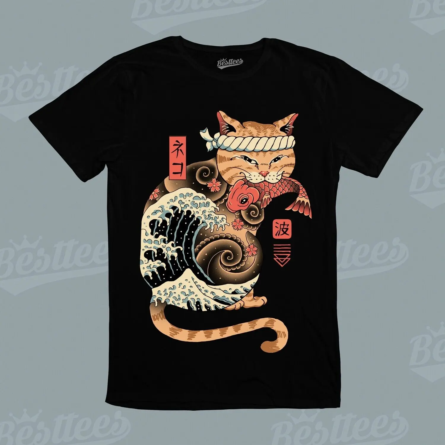 UNISEX Kids/MEN/ WOMEN Cartoon Japanese Samurai Cat eating Fish Lucky T-Shirt