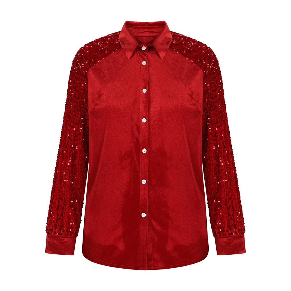 Long Sleeve Women Shirt with Lapel Neckline Combining Velvet Softness and Sequins Detailing via Precision Splicing