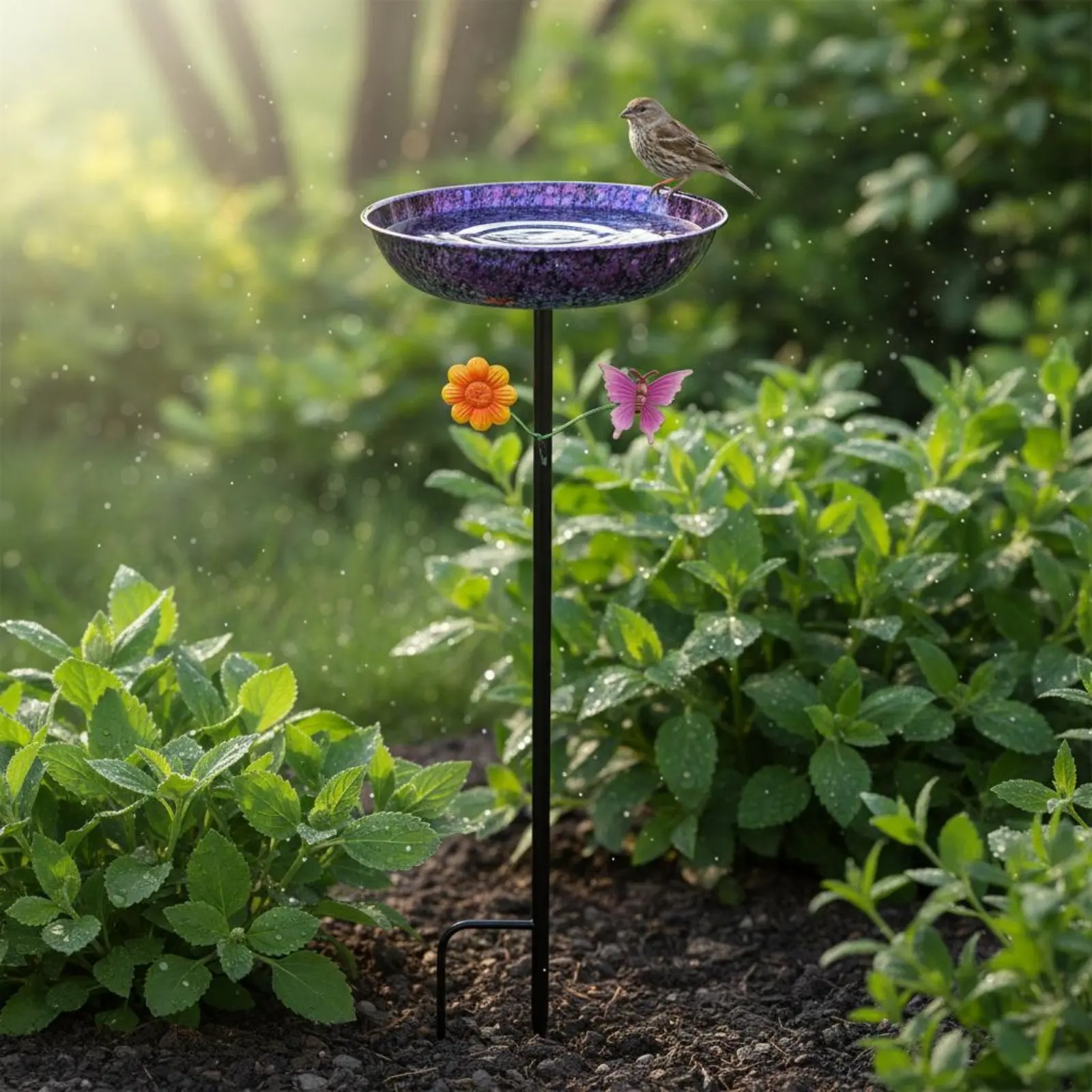 Metal Bird Bath Long-Lasting Round Bird Bath Basin Garden Decor Elegant Solar Fountain Compatible for Yard view 3