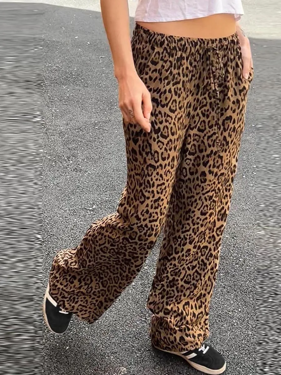 

Women Wide-Leg Pants Stripe/Zebra Pattern/Leopard Print Drawstring Elastic Waist Trousers Spring Summer Casual Sweatpants