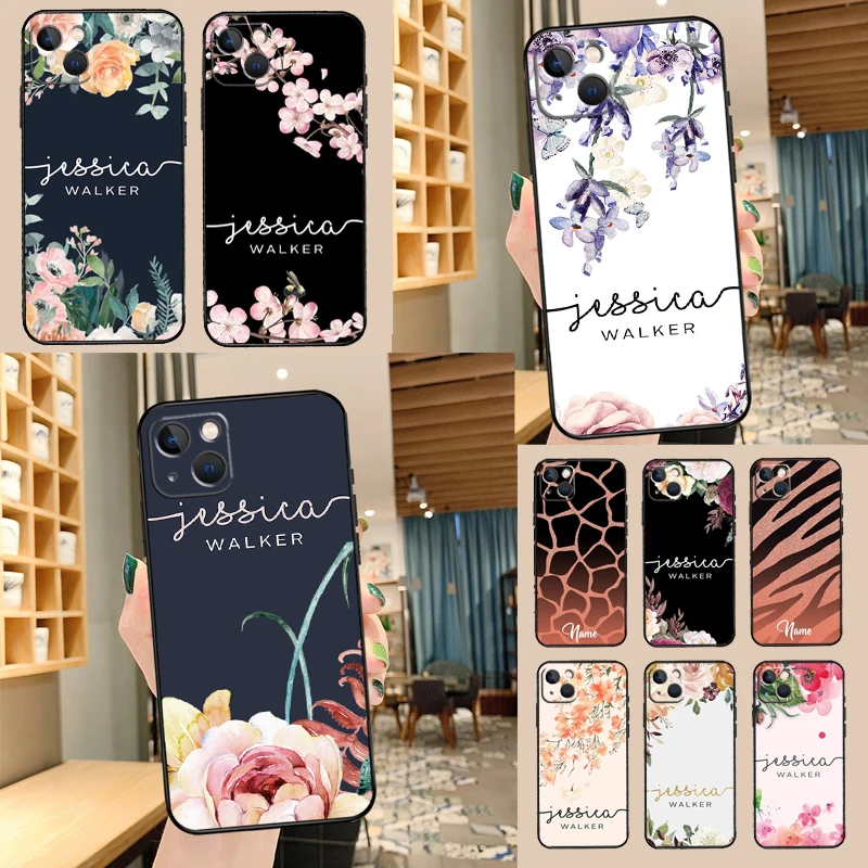 PERSONALISIERTE Blumen-Namensabdeckung für iPhone 14 15 16 Pro Max XS XR X Hülle für iPhone 11 12 13 Pro Max Mini Plus