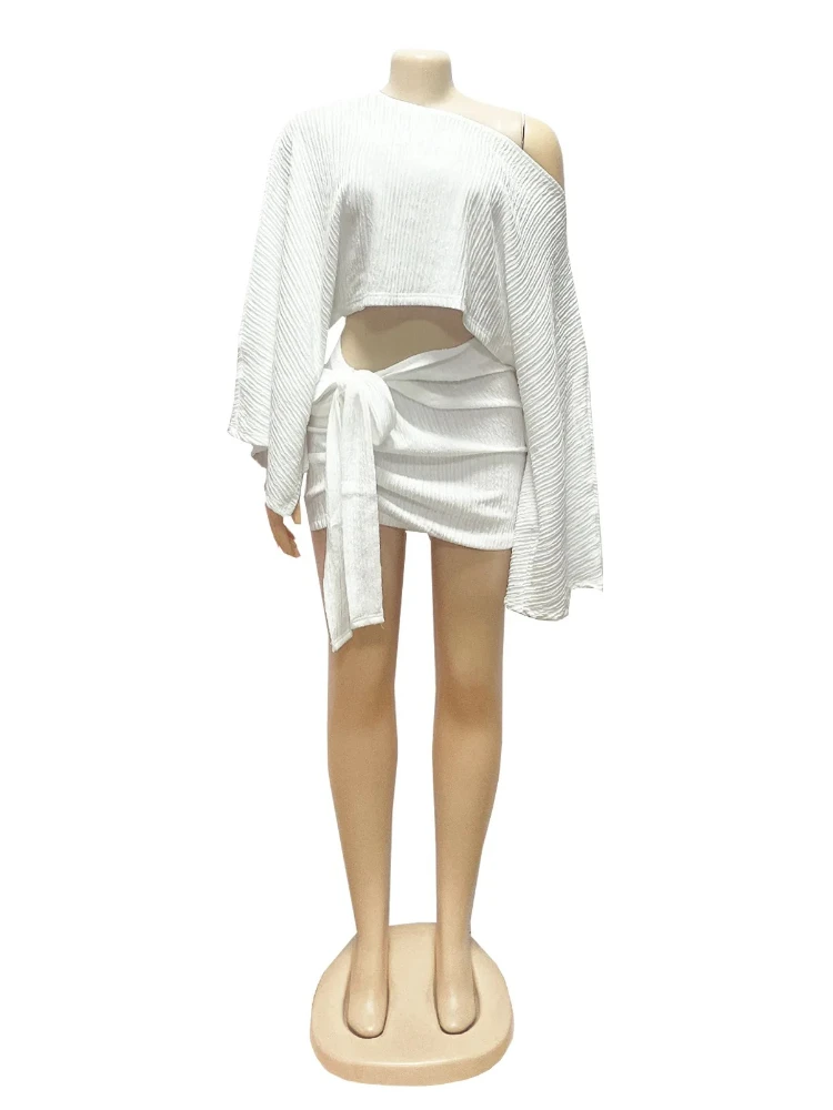 Leosoxs مثير 2 قطعة مجموعة المرأة انحراف طوق فضفاض المحاصيل القمم + Ruched عقدة الشريط تنورة مطابقة الشاطئ عطلة نادي الحفلات البدلة #6