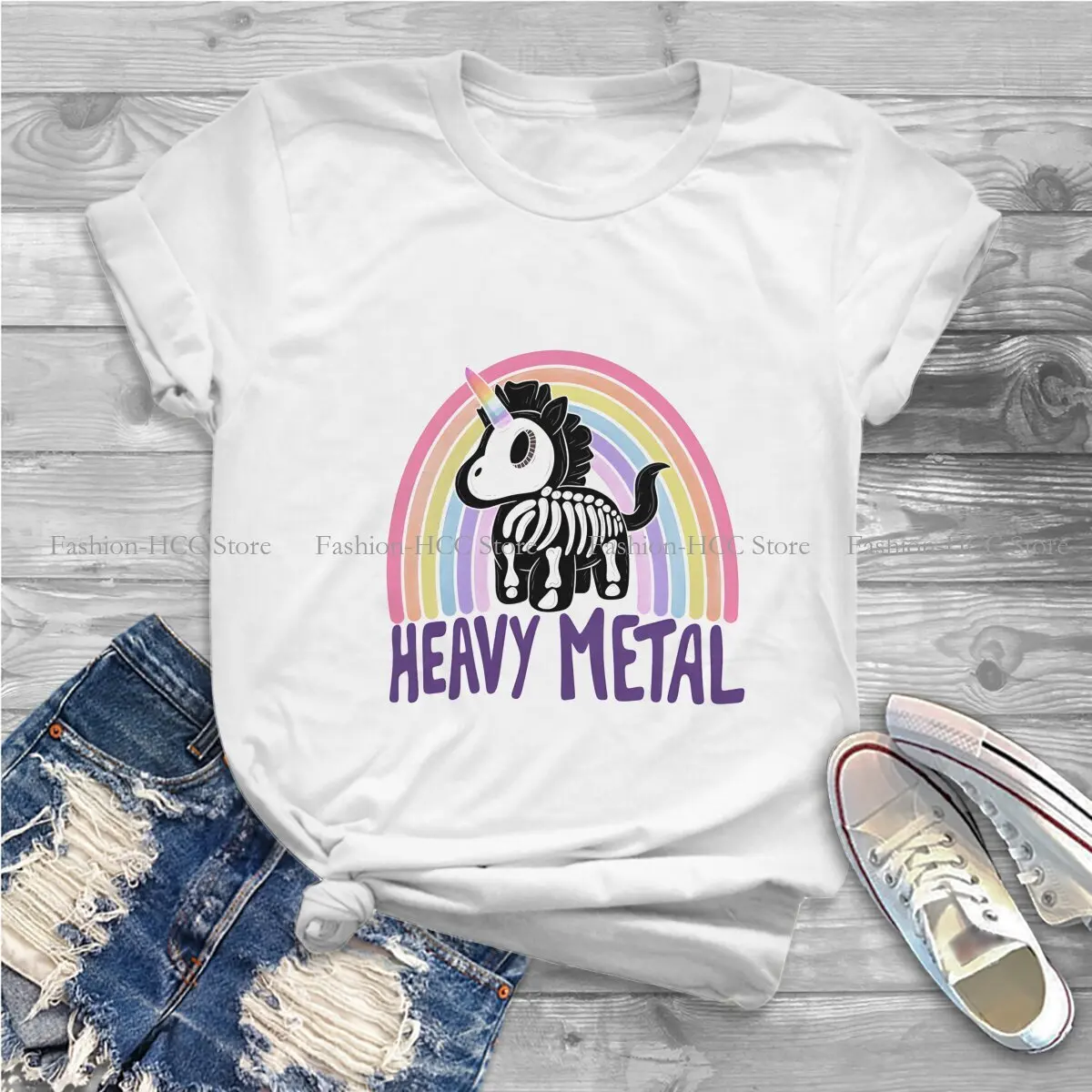 Heavy Metal  Skeleton Fashion Polyester TShirts Cute Unicorn Cartoon Women Harajuku Streetwear T Shirt Round Neck