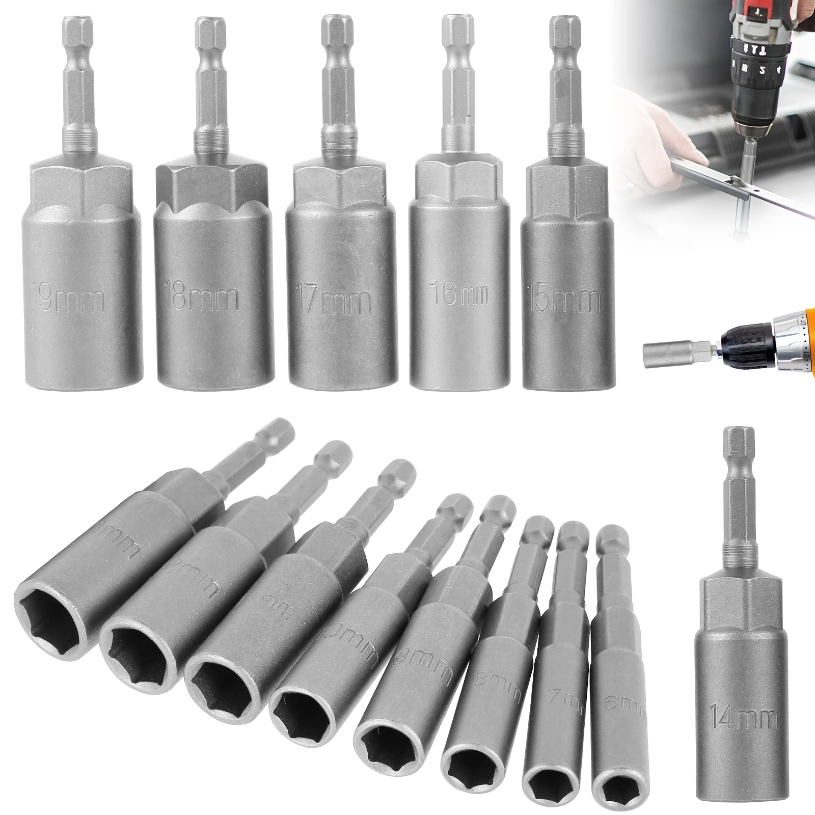 6/14Pcs Hexagonal Sockets Set 6-19mm Electric Impact Nut Bolt Screwdriver Drill Bits Quick Replacement Deep Socket Adapter