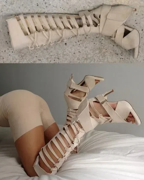 2025 Hollow Roman Belt Buckle Women's Boots New Sexy Model Catwalk Knee-High Thick Heels Fashion Party Casual Long Boots
