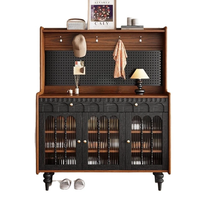 Hole plate coat rack Solid wood French medieval retro shoe cabinet Integrated shoe rack against the wall at the entrance of the