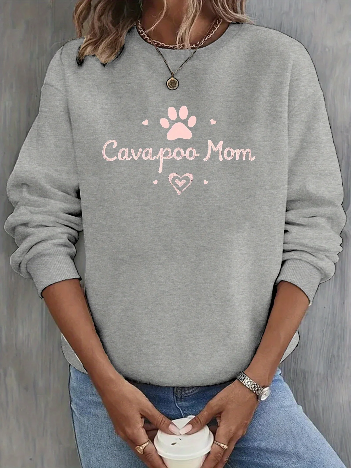 Women's Sweatshirt with Pink Footprint & Heart Design,casual,comfortable Clothing for Autumn and Spring,machine Washable