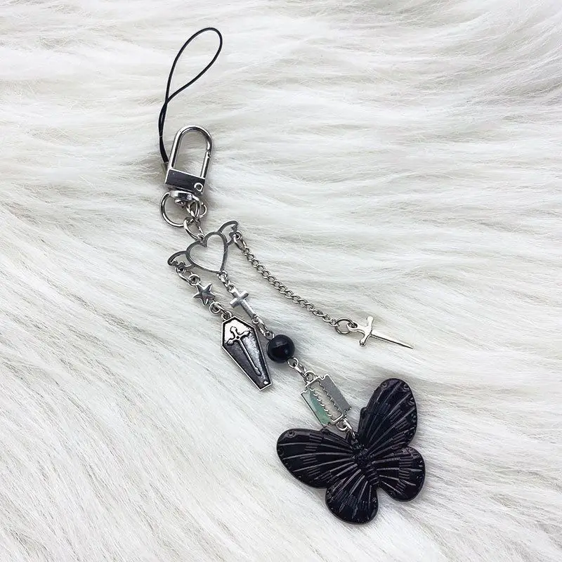 

Deco Scrapbook Nail Y2K Phone Charm Black Silver Butterfly Heart Star Keychain Pendant Key Chain Bag Phone Chain Cute Accessory