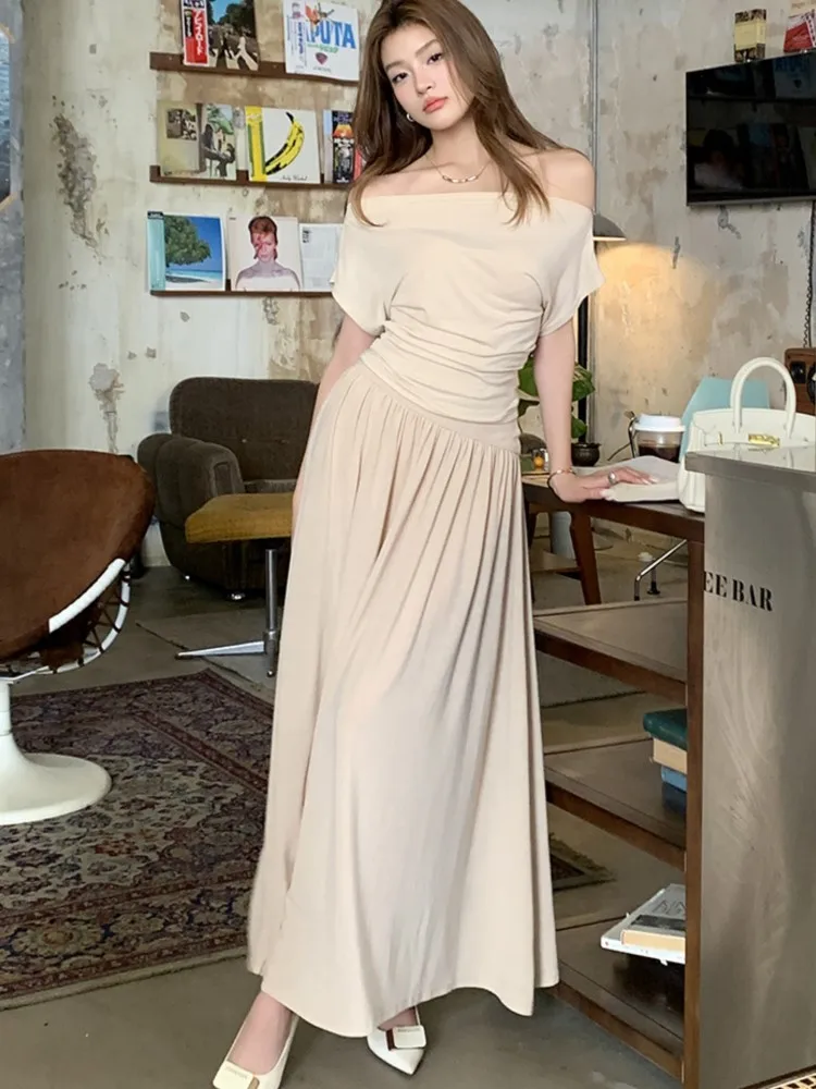 

Korean Women's 2 Piece Set Chic Elegant Casual Solid Inclined Shoulder Short Top A-line Office Lady Skirt Suit Sets Outfits New