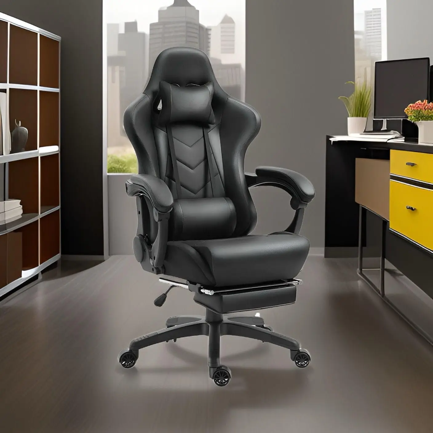 ﻿  Leather Office Gaming Chair with Ergonomic and Lumbar Support Retractable Footrests Silent Casters