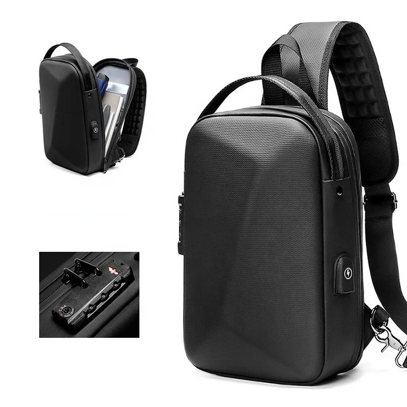Men's Chest Pack Hard Shell Waterproof Shoulder Bag Polyhedron USB Charging 9.7 Inch Tablet One Shoulder Messenger Bag for Men