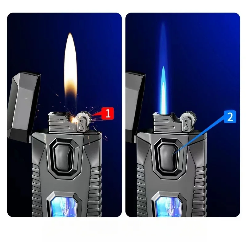 Metal Windproof Double Jet Flame Butane Gas Lighter Transparent Oil Window LED Blue Light Originality Personalized Cigar Lighter