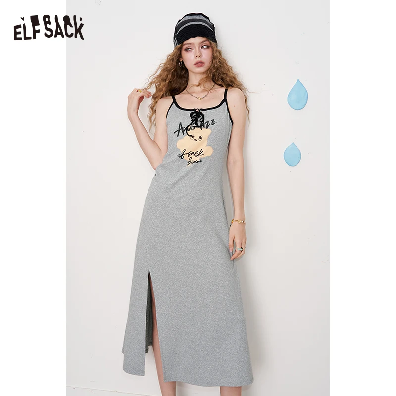 

ELFSACK 2025 Summer New Arrival Casual Printed Halter Dress T-Shirt Dress Side Split Pinch Waist Long Skirt For Women