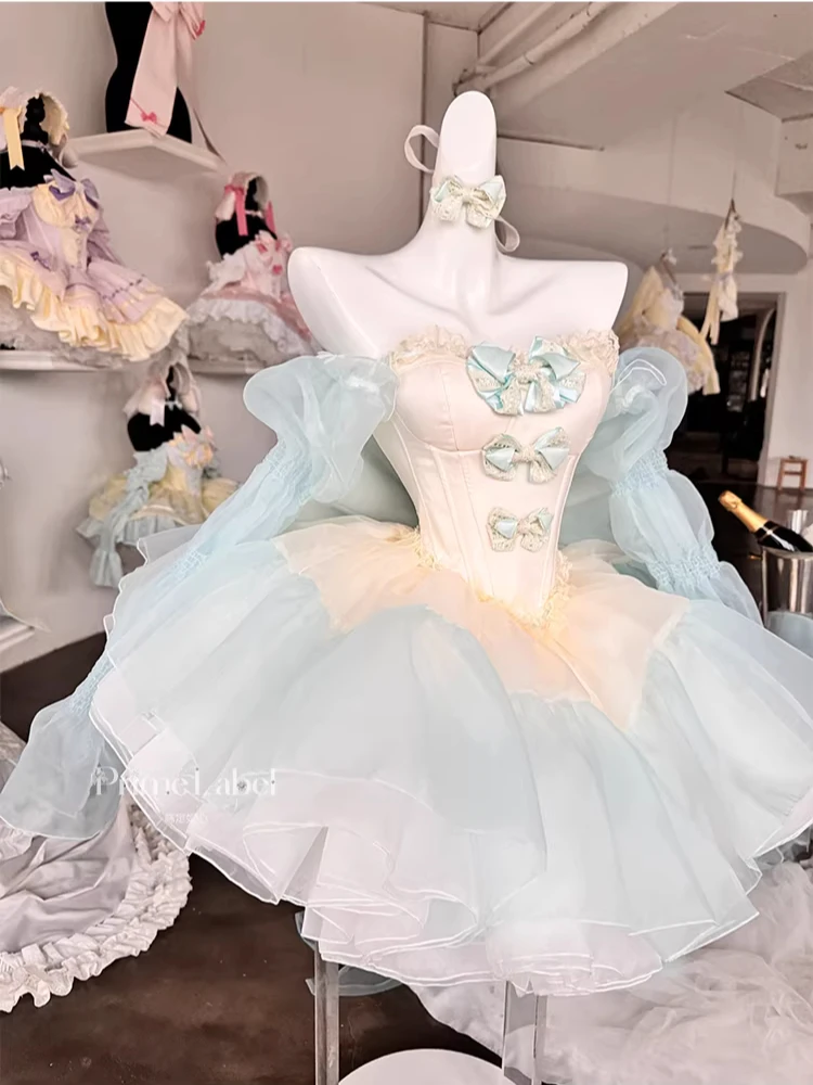 

Элегантный комплект в стиле Лолита: универсальный топ без бретелек и юбка А-силуэта с высокой талией, милый бантик, для вечеринок и торжеств, в стиле принцессы