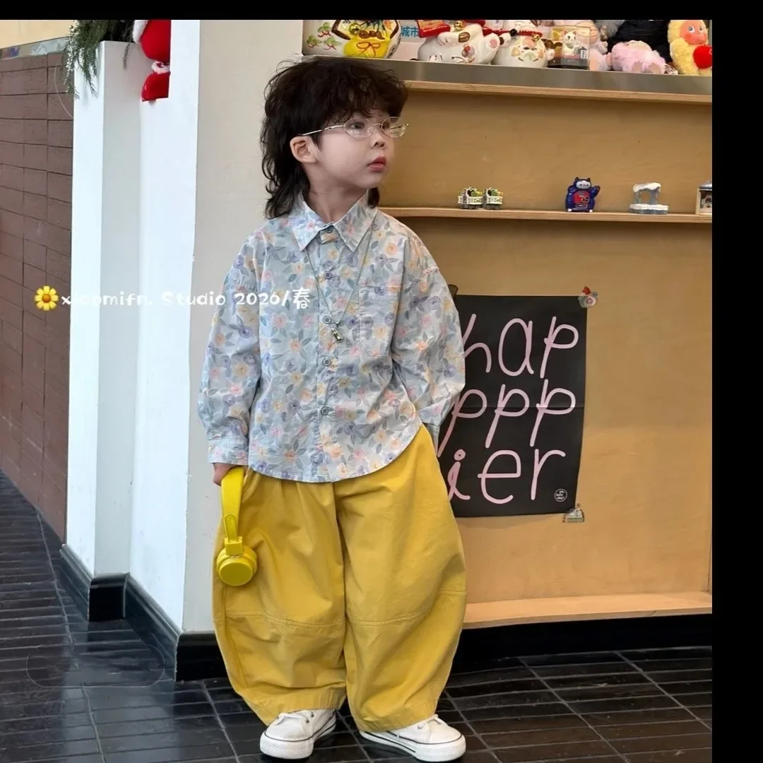

Spring and Autumn Boys' Clothing Set Fashionable New Children's Casual Flower Shirt+Yellow Pants 2 Piece Set Cool and Handsome