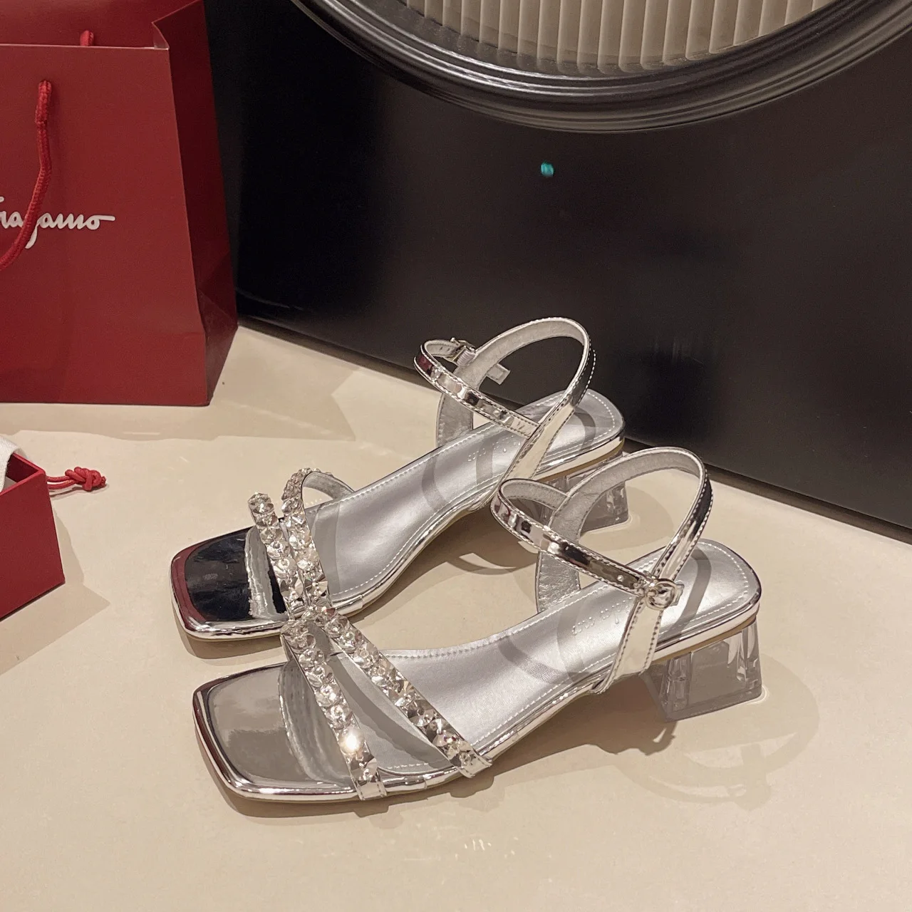 2024 Summer New Women's Shoes Transparent Heels Diamond-shaped Line with Korean Version of Square Head Sandal Buckle Heel