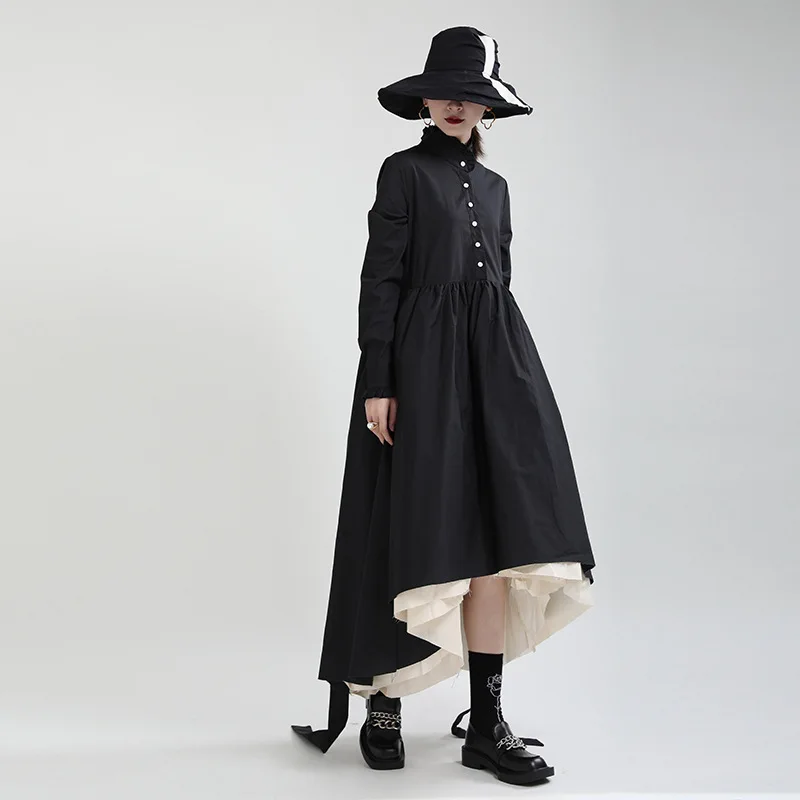 HKSH Spring Autumn New Women's Long Dress Stand Collar Multi-layer Patchwork Contrast Color Pleated Elegant Chic Dresses HK15703