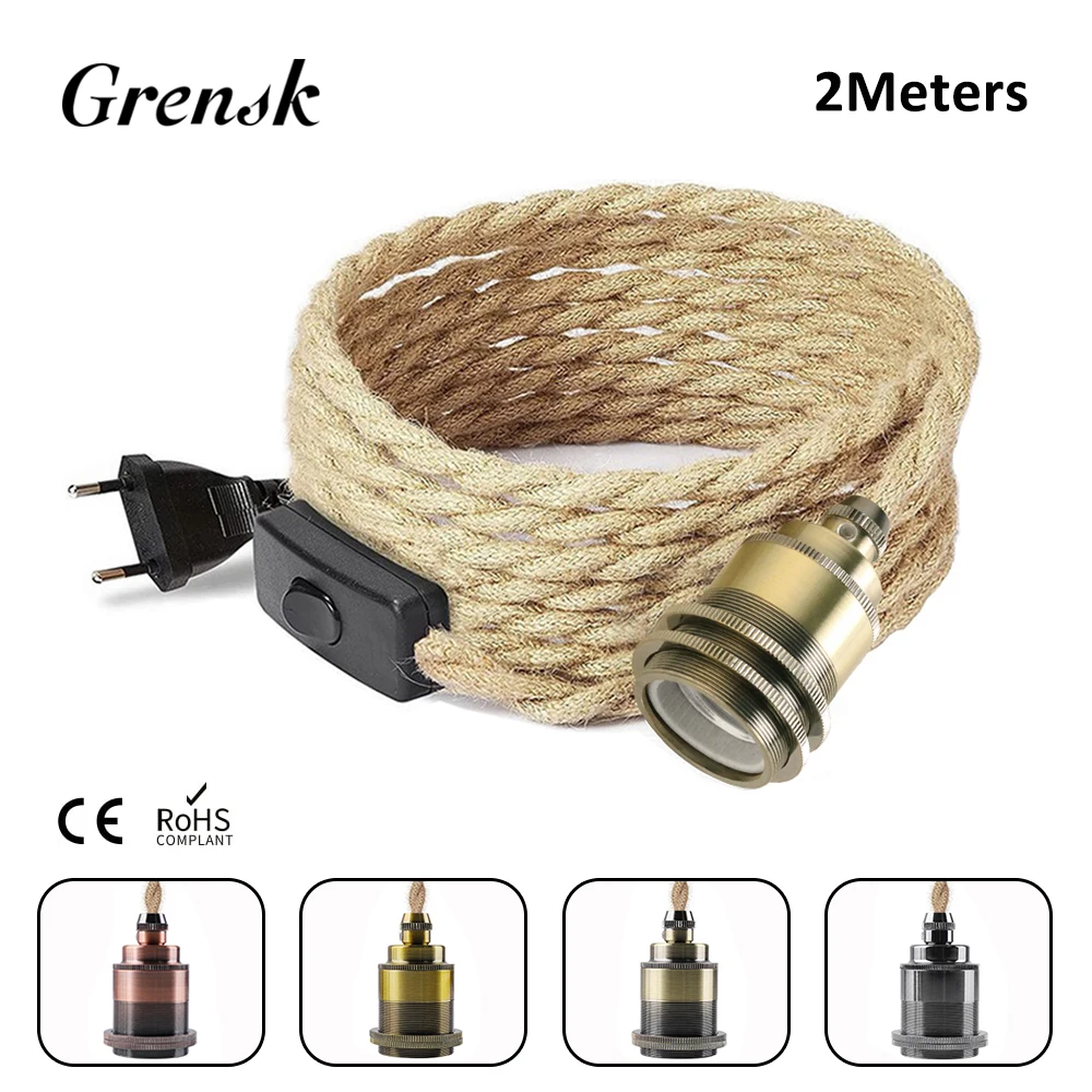 Vintage Power Cord Lampholder Pendant Light 2M Hemp Rope Cables E26 E27 Bulb Socket EU Plug DIY Industrial Pendant Light Fitting