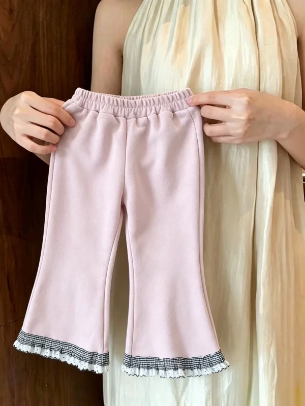 Girls High Waist Lace Trim Micro Flare Pants Slimming Long Trousers Fashionable Base Layer Pants Korean Style Commute Element