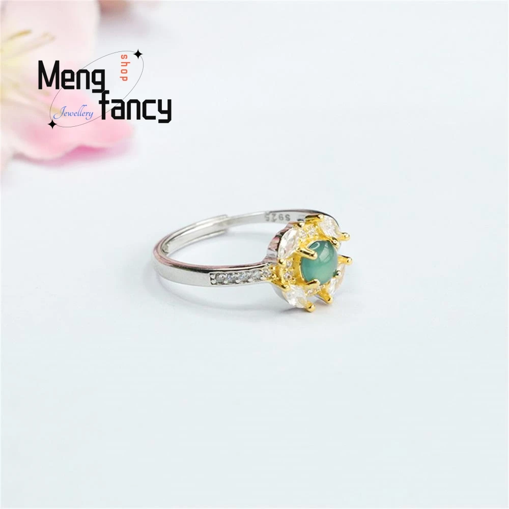 S925 Silver Inlaid Natural Ice Blue Water Jadeite Ring Exquisite Elegant Simple High-grade Luxury Fashion Jewelry Holiday Gifts