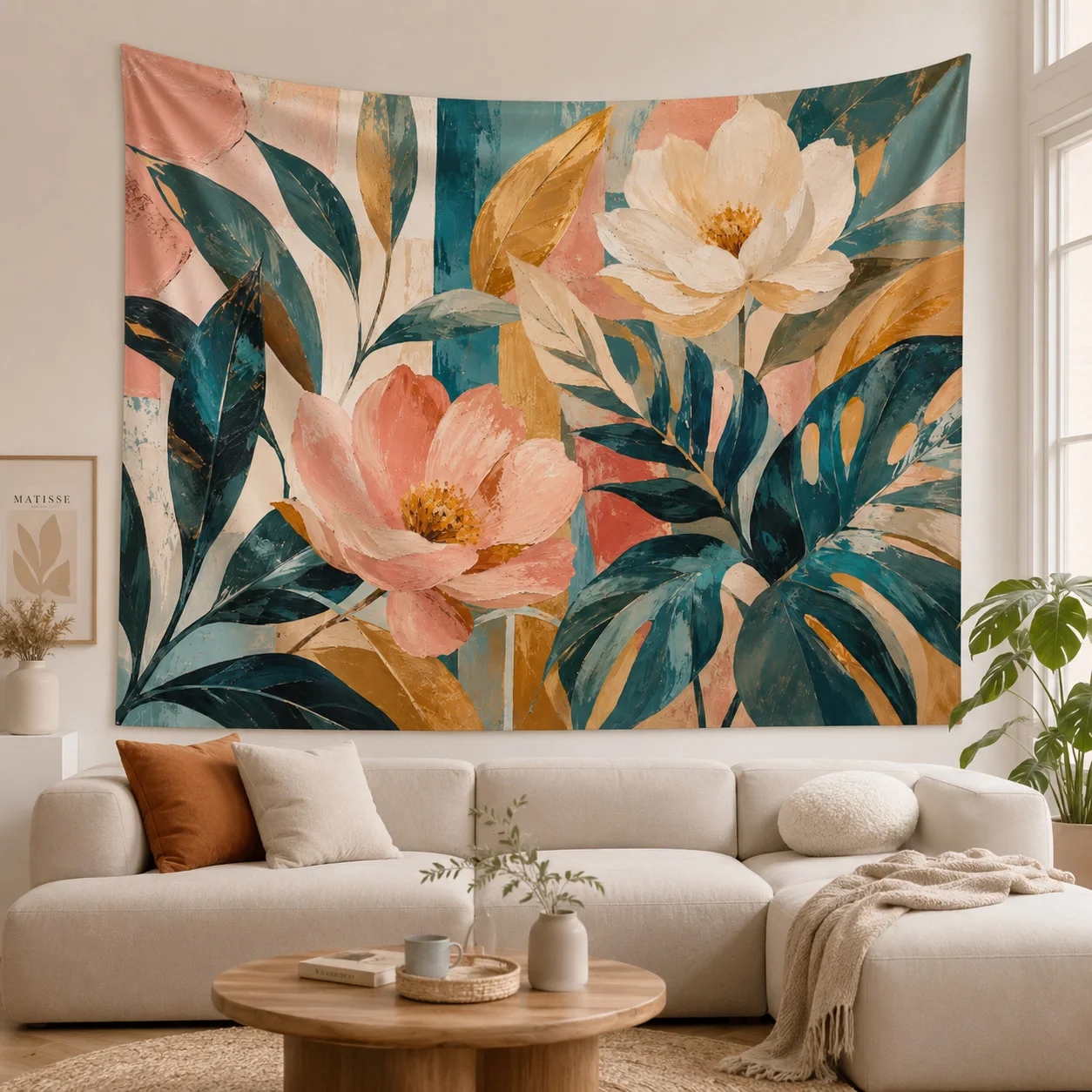 Abstract Floral Palm Leaf Wall Tapestry Boho Pink Peony Flower Wall Hanging Aesthetic Bedroom Home Decor Birthday Gift