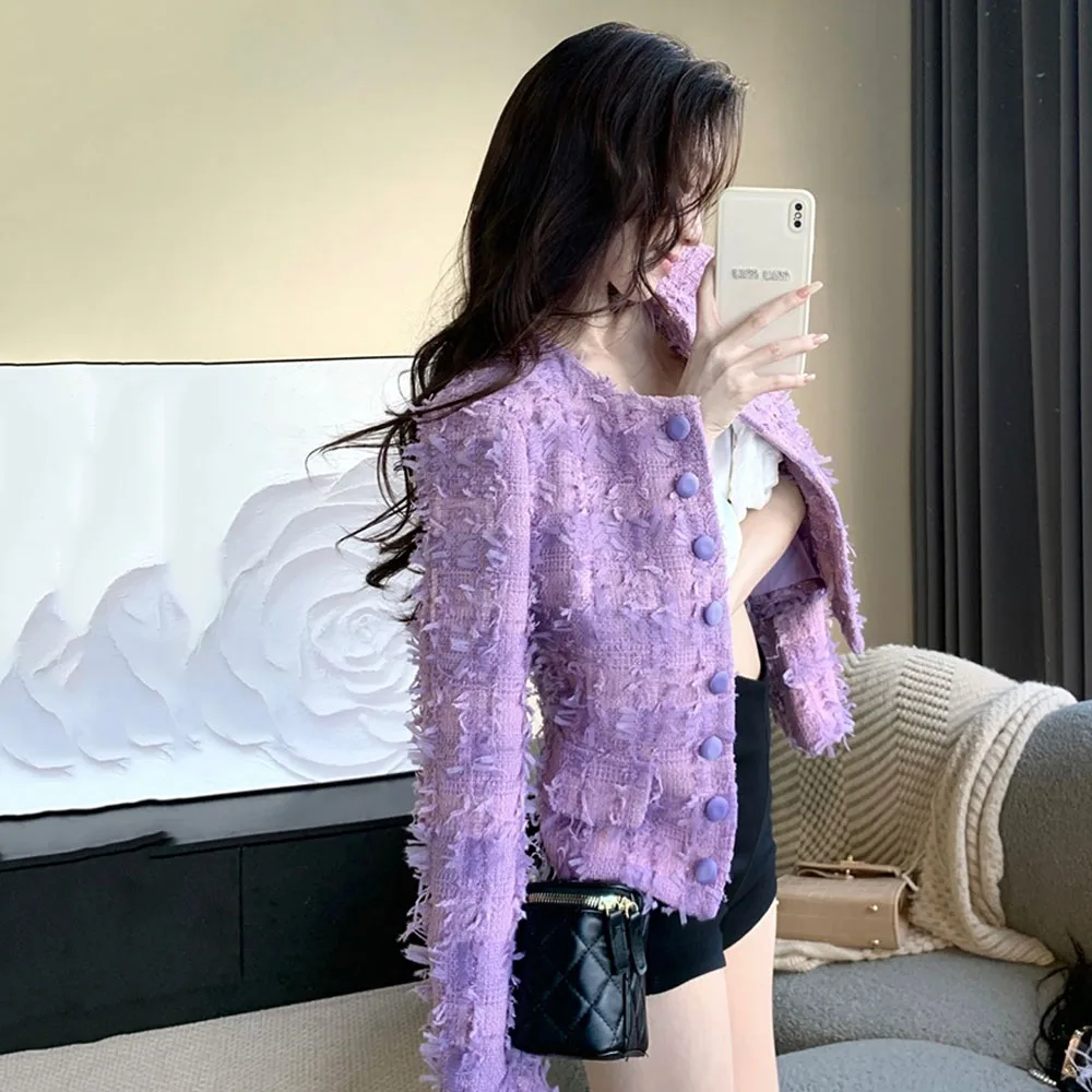 Autumn Winter Tweed Jacket Womens Purple Elegant Small Fragrance Wind Woolen Blends Coat 2024 Office Lady Fashion Korean Outwear