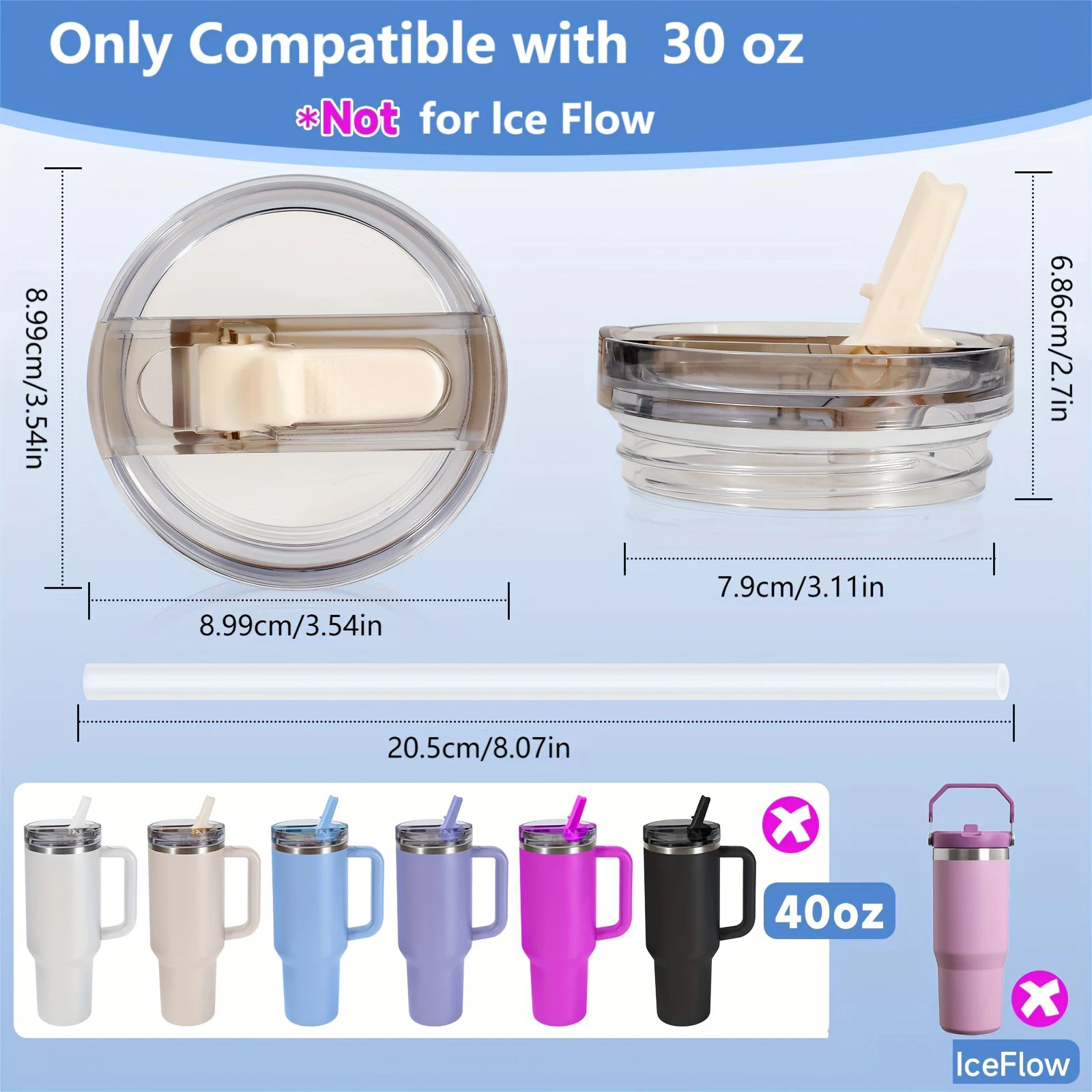 30oz Flip Straw Lid for Tumbler Leak Proof Replacement,  Lid No Spill Cover Cup Accessories Water Bottle Seal with Brushe, Straw