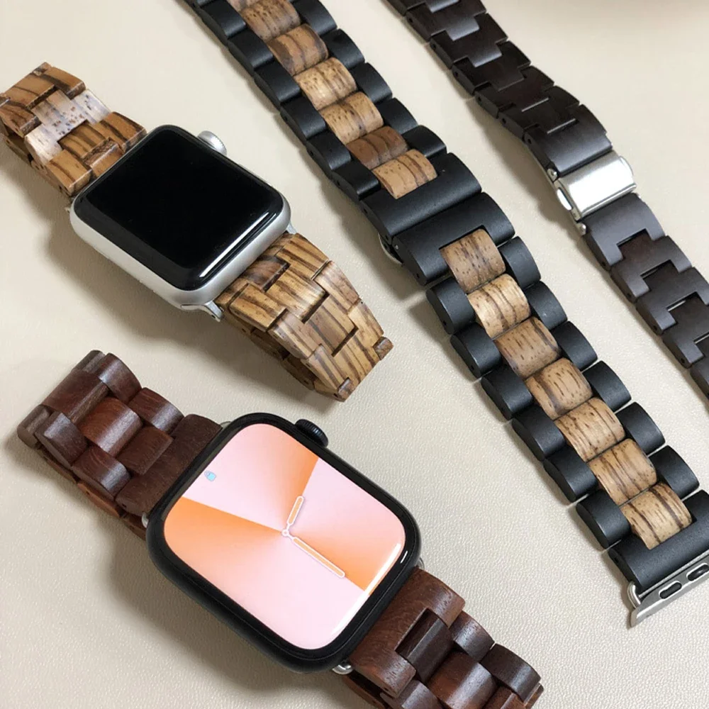 Wooden Watchband For Apple Watch Series 7 6 5 43 SE For iWatch 38mm 40mm 44mm 42mm 41mm 45mm Retro Bamboo Handmade Wood Bracelet