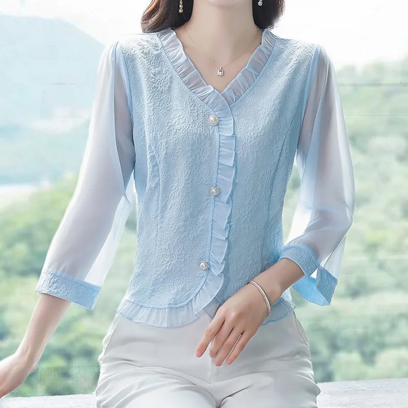 Chiffon 3/4 Sleeve Solid Color Blouse Summer New Lace Patchwork Loose Irregular Elegant Shirt Tops Vintage Fashion Women Clothes