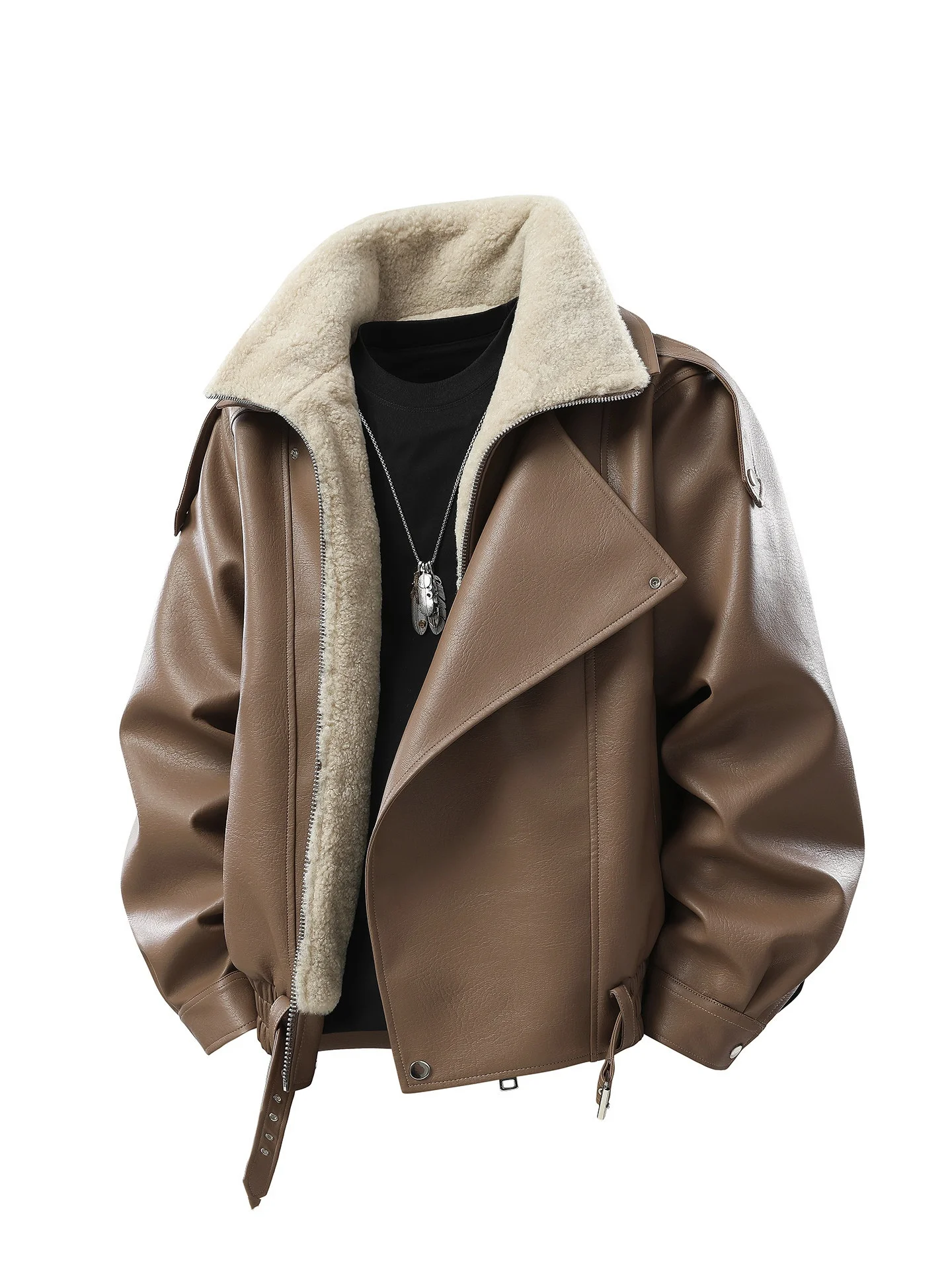 

Thiened Fce Lined Biker Sle Jaet Men's Winter Coat Warm Casual Long Sve Zipper Closure Polyester Fiber Cotton Inner