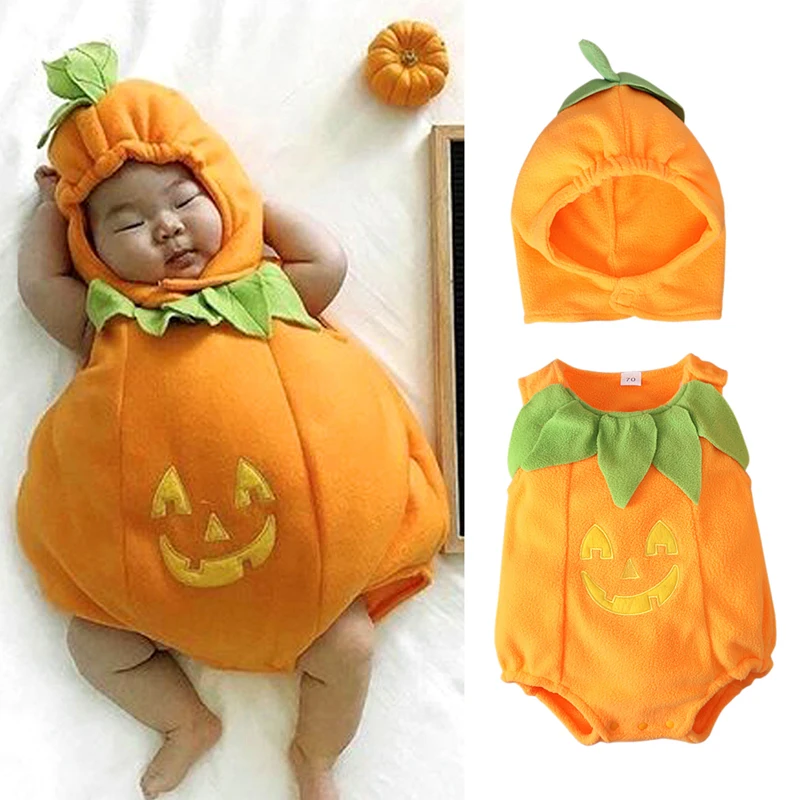 Boys and girls infants spring and autumn Halloween sleeveless round neck pumpkin pattern + hat jumpsuit baby crawling