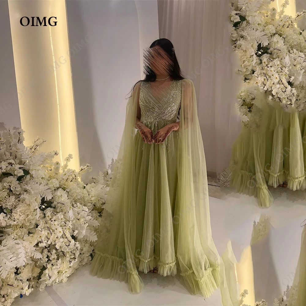 OIMG Green Princess Sequins Evening Dress Tulle  A-line Sequins V Neck Prom Dresses With Long Sleeves Formal Women Gowns