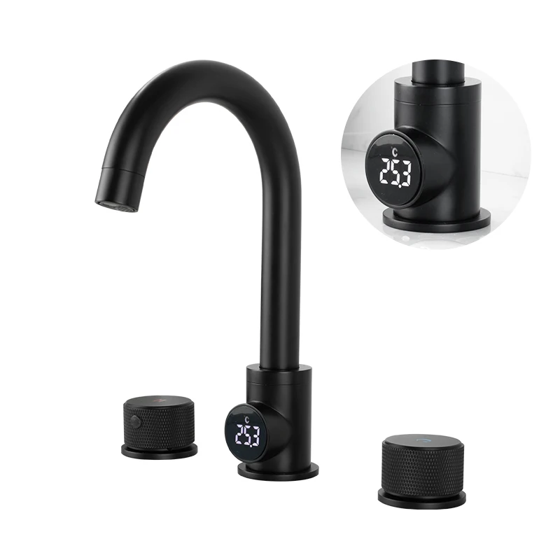 Deck Mounted Intelligent Mat Black Digital Temperature Display Basin Konb Faucet Mixer Tap