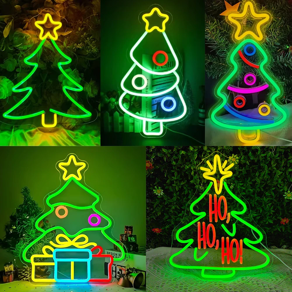 Letrero de neón para árbol de Navidad, letrero de luz de neón LED para decoración de pared, letrero Led con interruptor de atenuación para tienda en