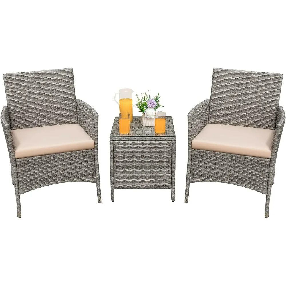 

3 Pieces Patio Furniture Sets Outdoor Rattan Wicker Chairs with Soft Cushion and Glass Coffee Table