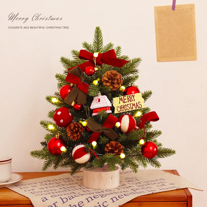 Christmas Decoration Mini Christmas Tree Set Ornaments with Light Home Mall Desktop Christmas Tree Golden Red Festival Gift