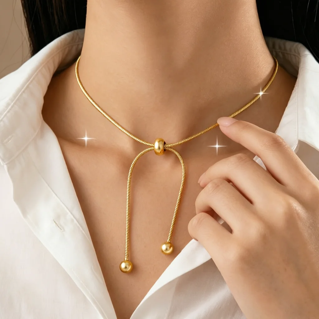 1pc Adjustable Pull Snake Bone Necklace, Stainless Steel Round Bead Pendant Chain, Niche Minimal Premium Daily Jewelry