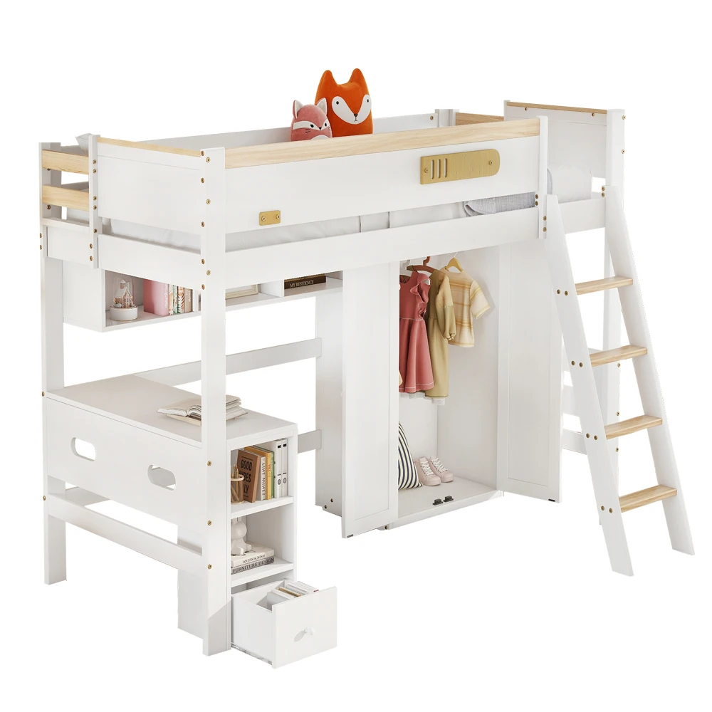 PINGGO Etagenbett für Kinder mit Fallschirmschutzgeländer, Schreibtisch, Kleiderschrank, Stauraum, 4-Stufen-Leiter, Kiefer, MDF, Sperrholz, Weiß, 90x200cm, ohne Matratze – Detail 9