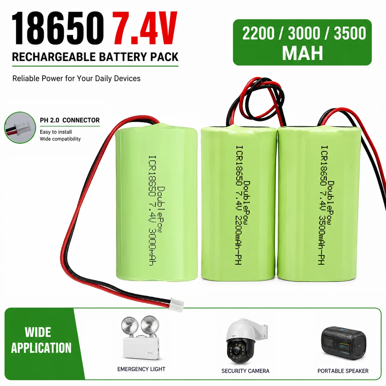 7.4V 18650 Li-ion Battery Pack 2200mAh 3000mAh 3500mAh Rechargeable Battery for LED Light Bluetooth Speaker Security Camera