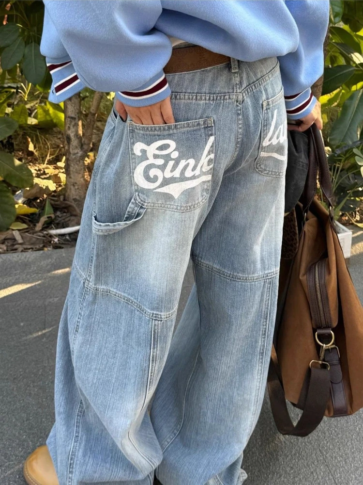 HOUZHOU Vintage Blue Baggy Jeans Women Y2k Harajuku Washed Wide Leg Jeans Female Grunge Korean Fashion Streetwear Denim Trousers