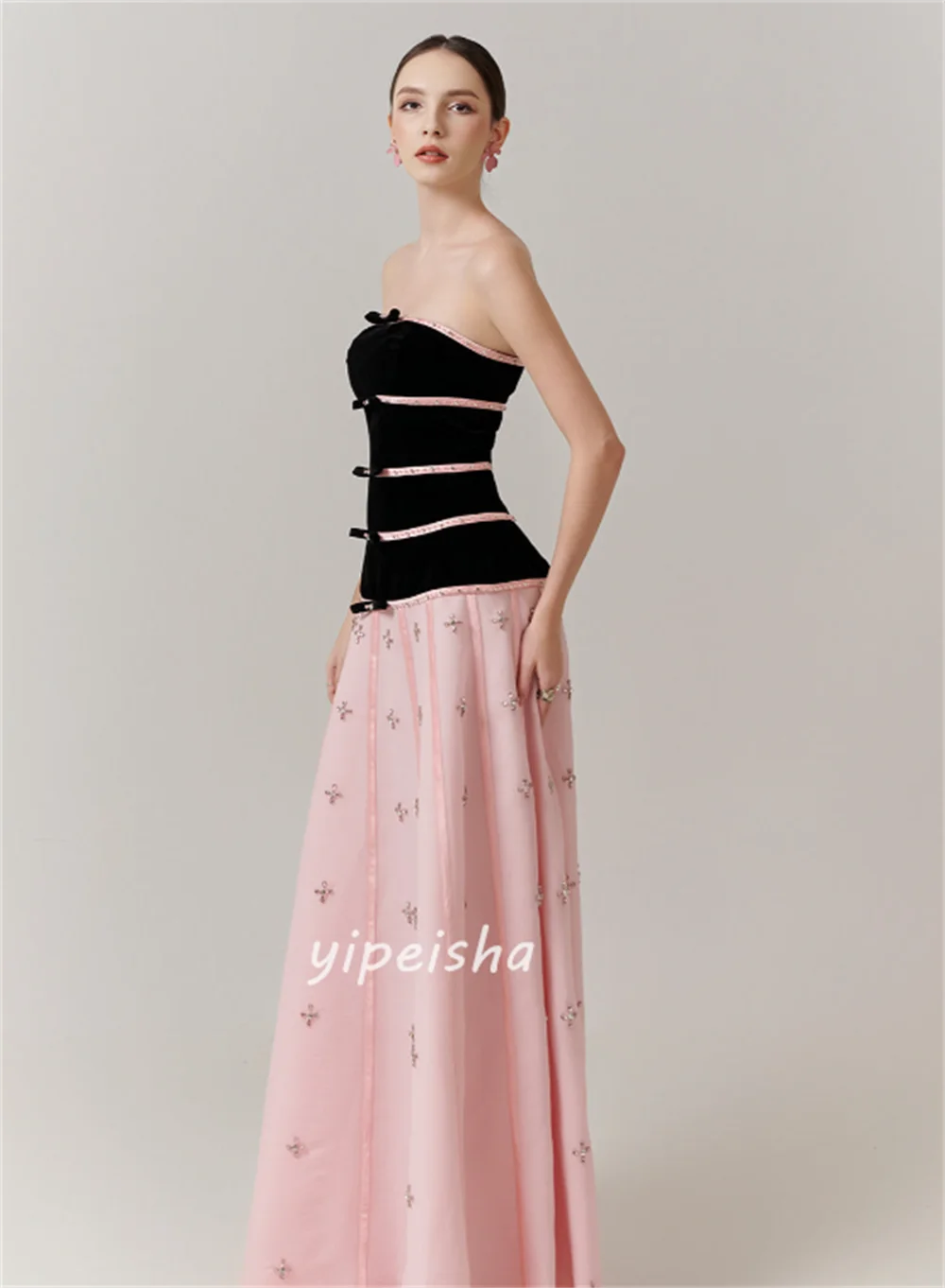 Customized High Quality Women Jersey Rhinestone Bow A-line Evening Dresses Formal Strapless Sleeveless Floor Lenght Prom Dresses image 5
