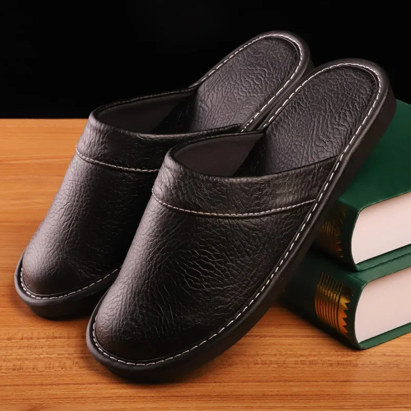 Indoor Men Slippers Pu Leather Home Slippers High Quality Male Slippers Waterproof Gingham Leather Slipper Chinelos Masculinos