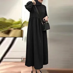 Linen Cotton Blend Maxi Dress Minimalist Color Block Loose Fit Hijab Tunic Dress Elegant High Collar Casual Long Dress For Women